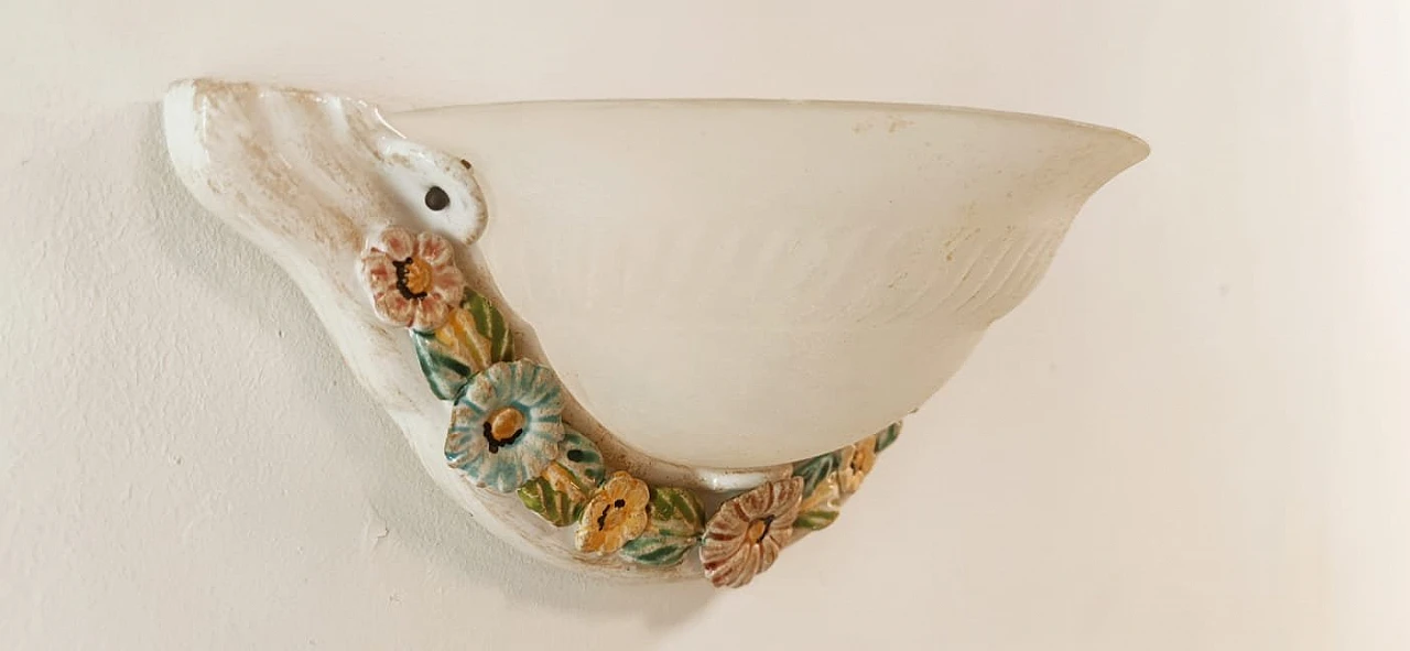 Ceramic and glass wall sconce with flowers, 1980s 5