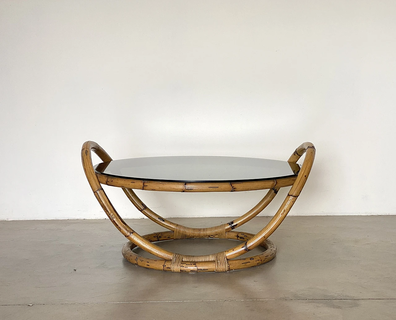 Round bamboo coffee table with smoked glass top, 1970s 1