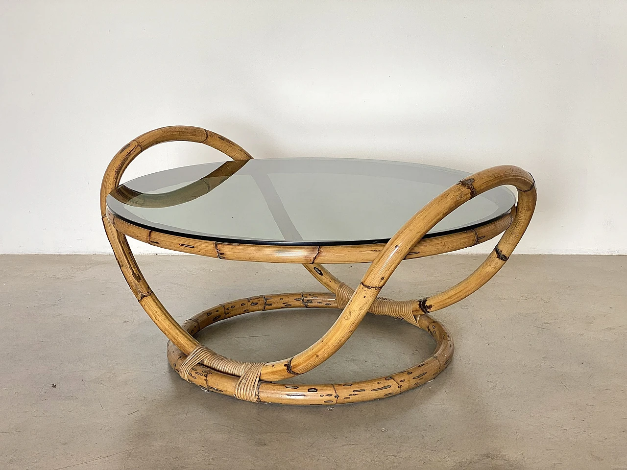 Round bamboo coffee table with smoked glass top, 1970s 2