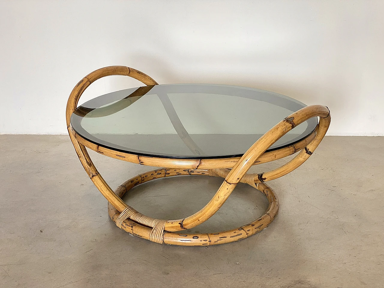 Round bamboo coffee table with smoked glass top, 1970s 3