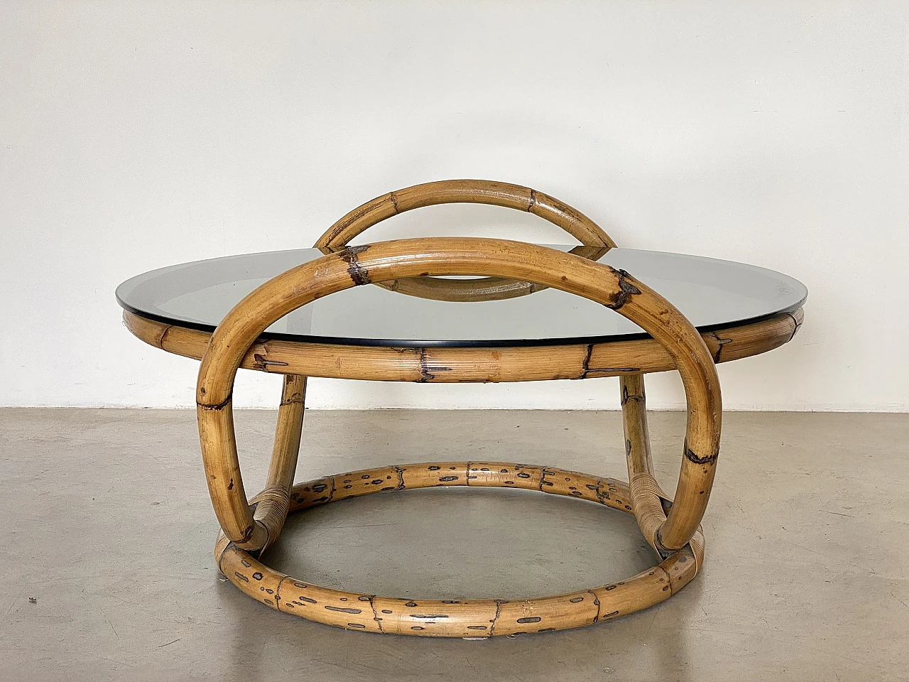 Round bamboo coffee table with smoked glass top, 1970s 5