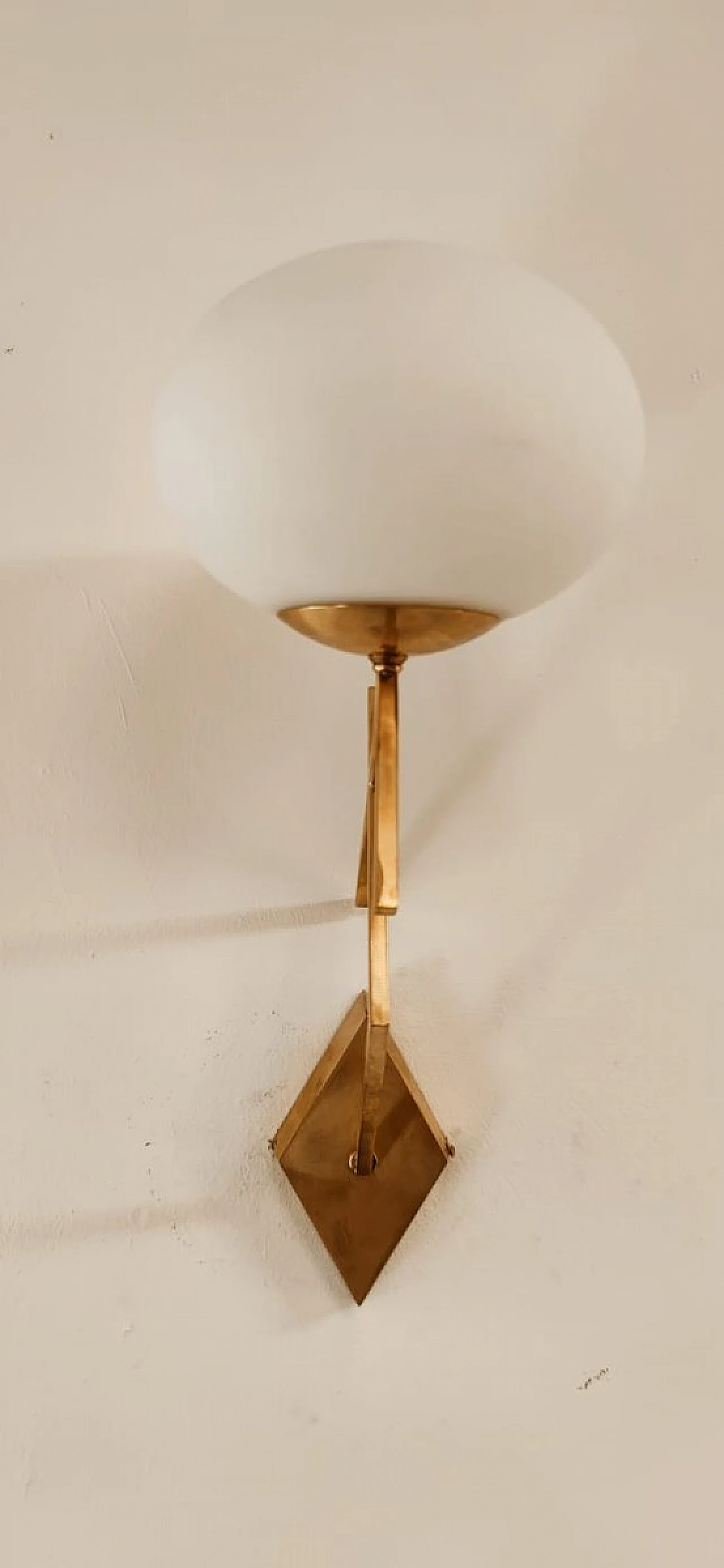 Wall light with brass stem and oval glass diffuser, 1970s 4