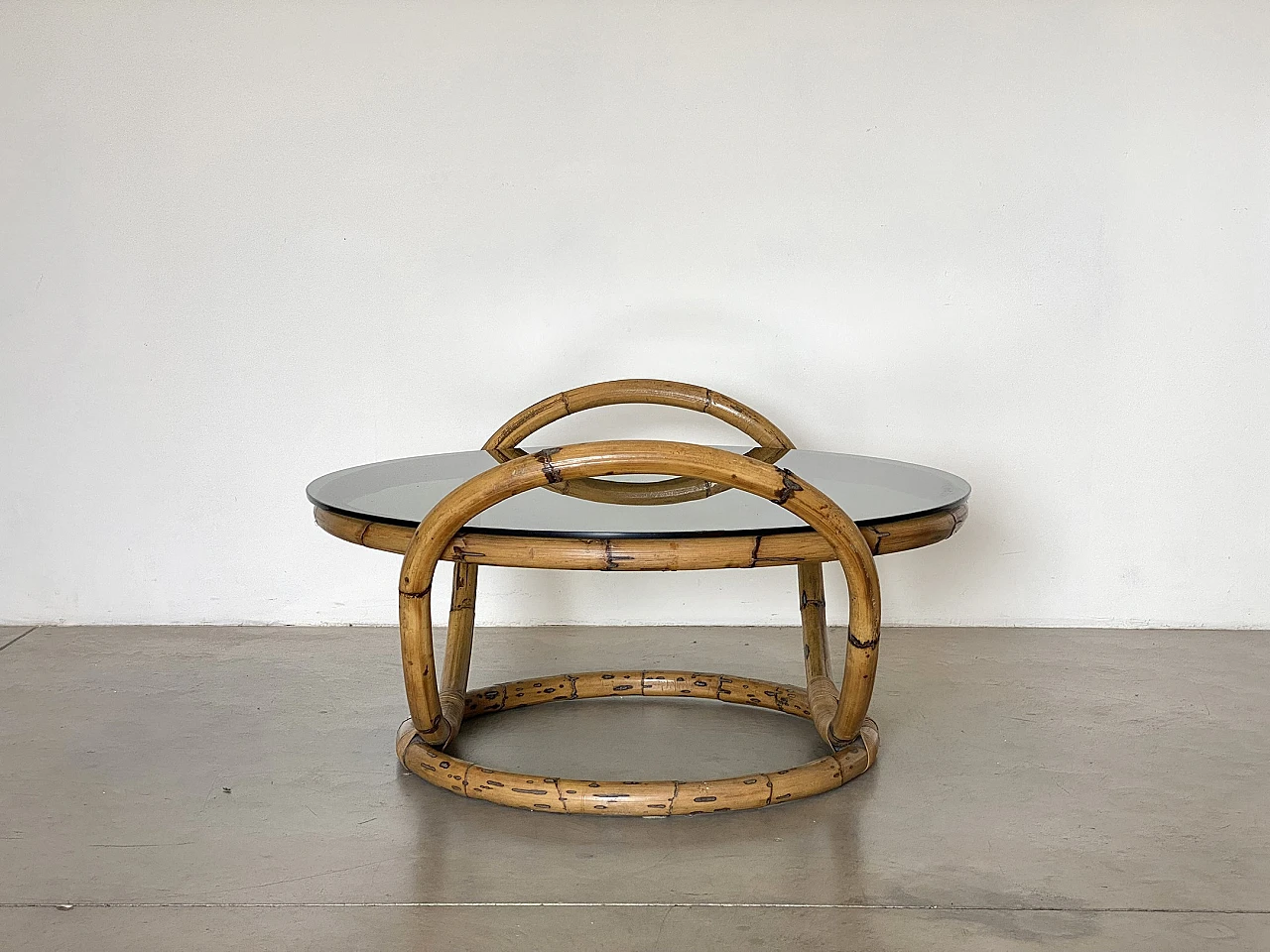 Round bamboo coffee table with smoked glass top, 1970s 6