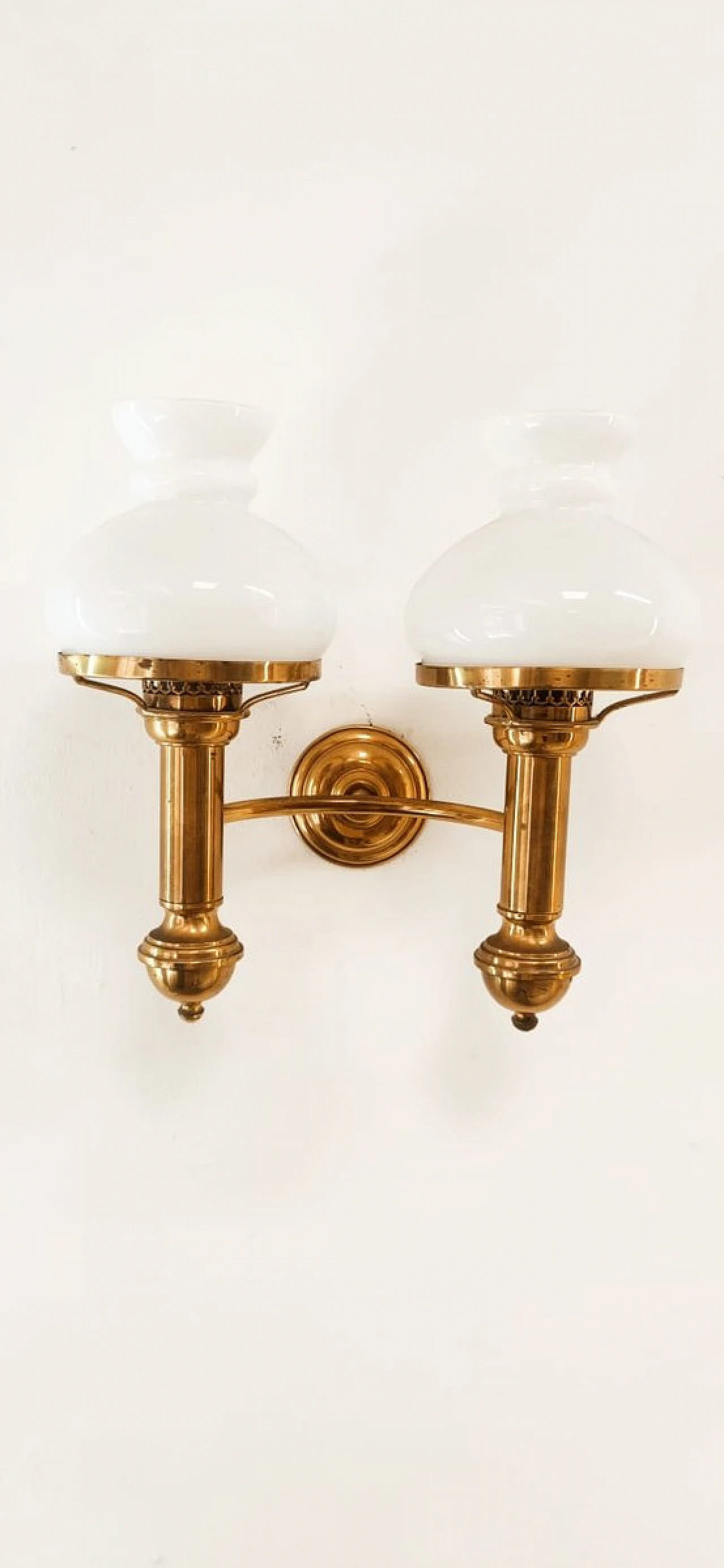 2-Light applique in brass with opaline glass diffusers, 1970s 2