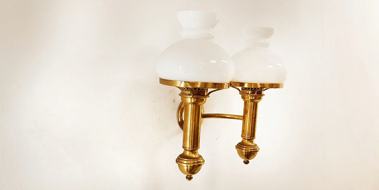 2-Light applique in brass with opaline glass diffusers, 1970s 3