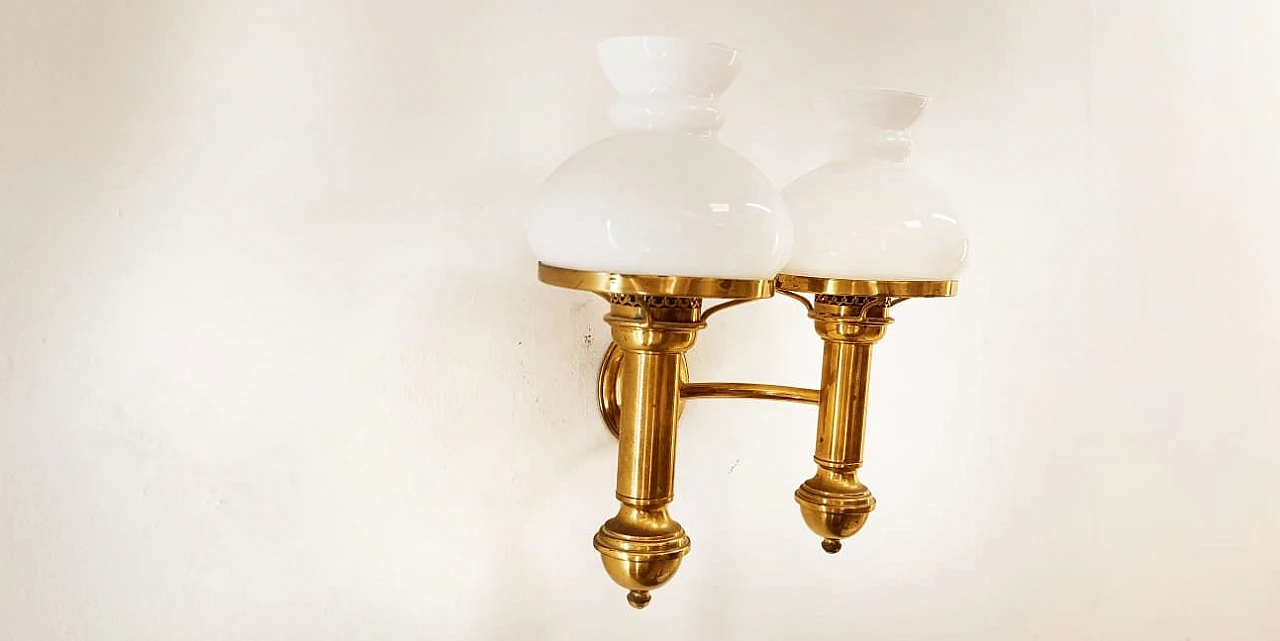 2-Light applique in brass with opaline glass diffusers, 1970s 6