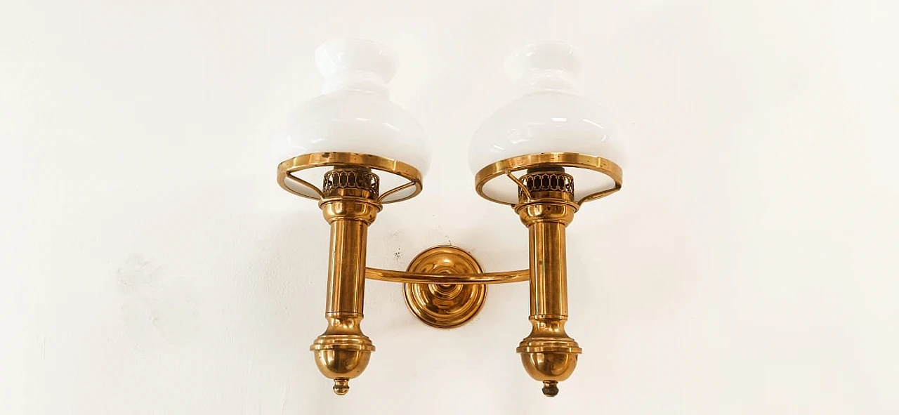 2-Light applique in brass with opaline glass diffusers, 1970s 7