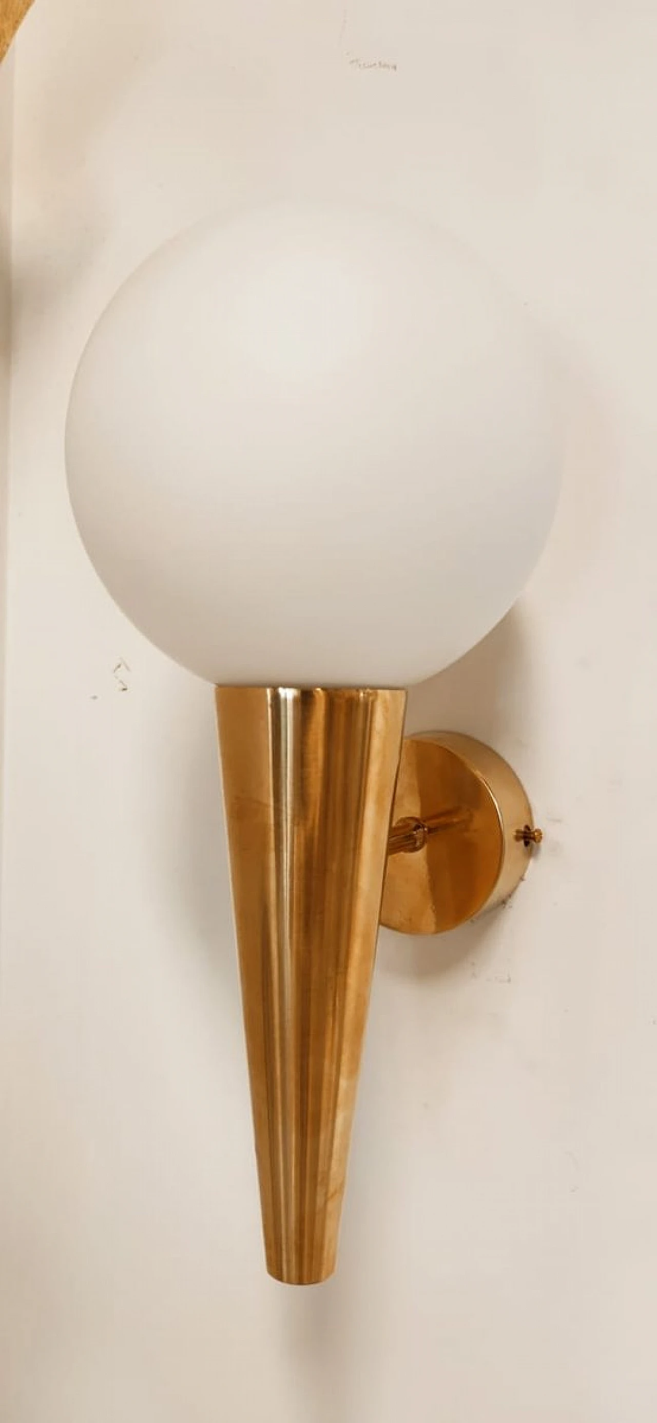 Brass wall light with spheric white glass diffuser, 1970s 3