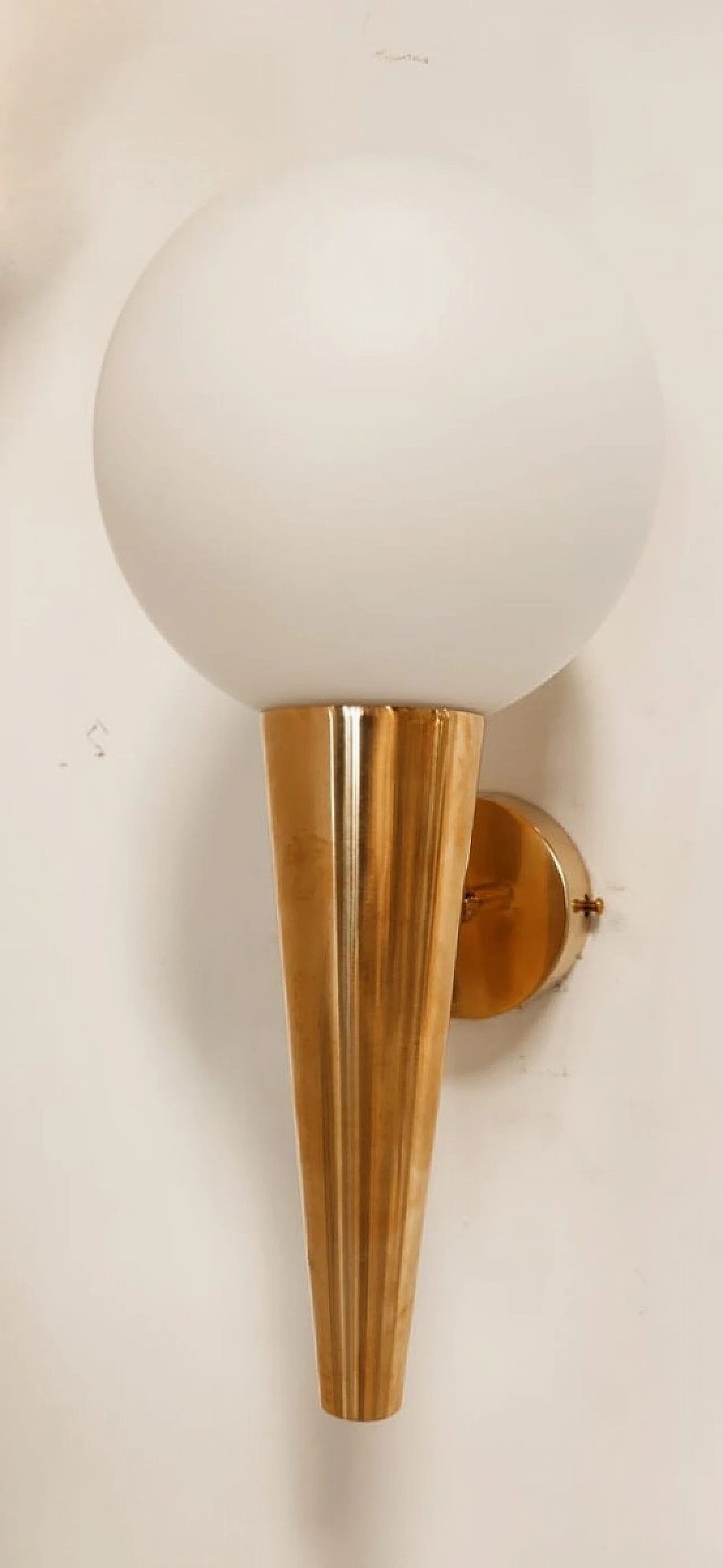 Brass wall light with spheric white glass diffuser, 1970s 14