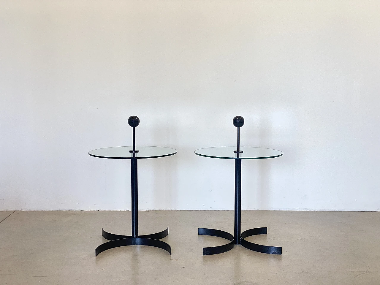 Pair of black lacquered iron and cut glass coffee tables, 1980s 1