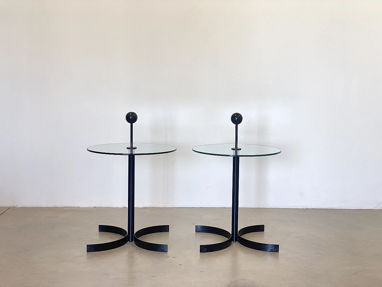 Pair of black lacquered iron and cut glass coffee tables, 1980s 2