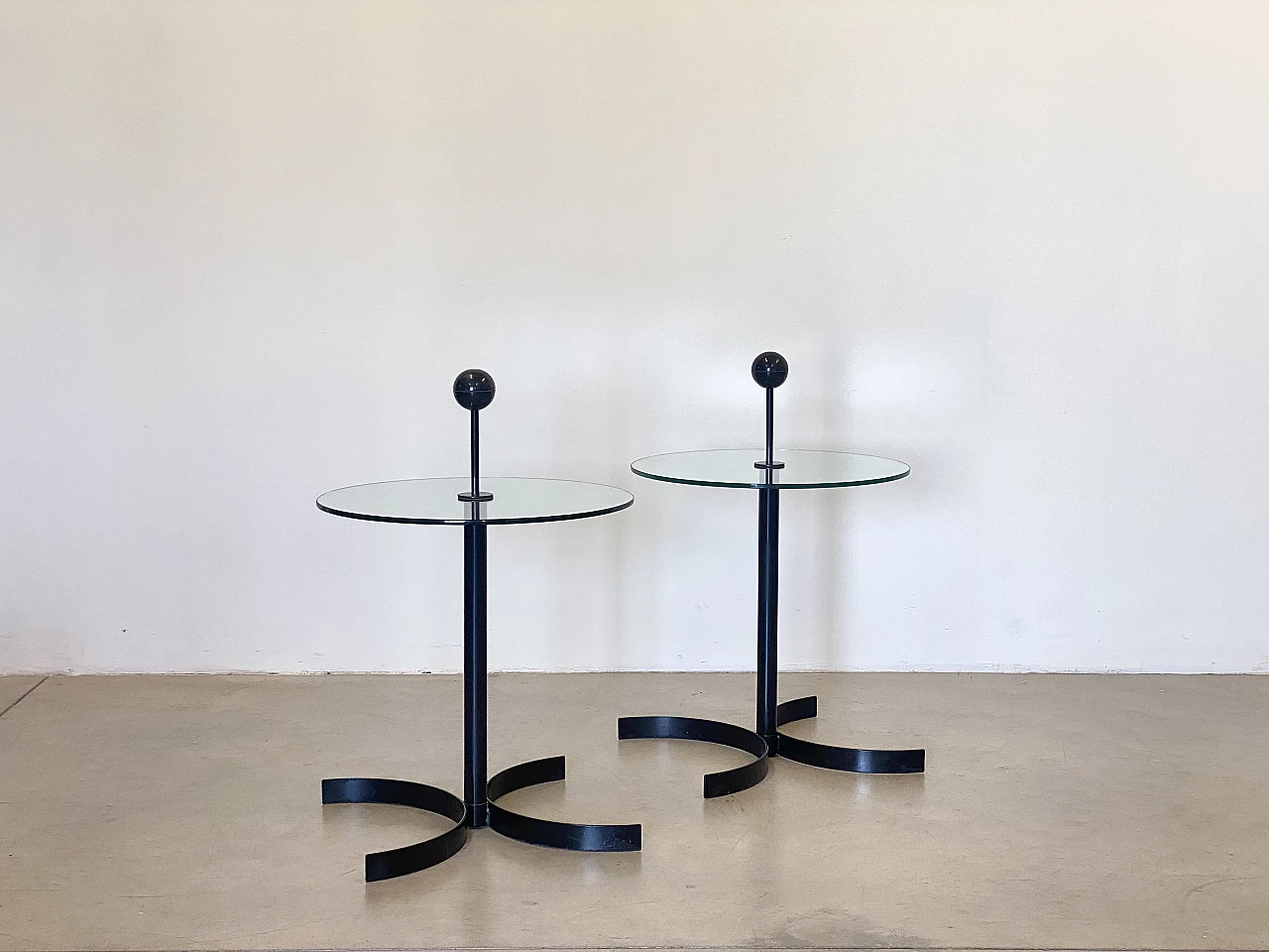 Pair of black lacquered iron and cut glass coffee tables, 1980s 3