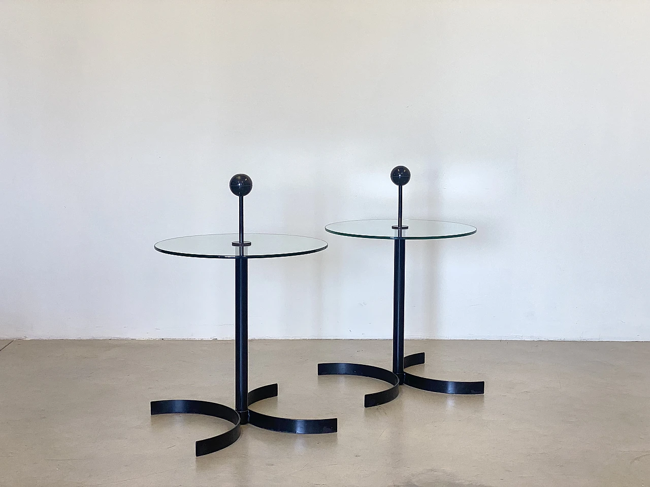 Pair of black lacquered iron and cut glass coffee tables, 1980s 4