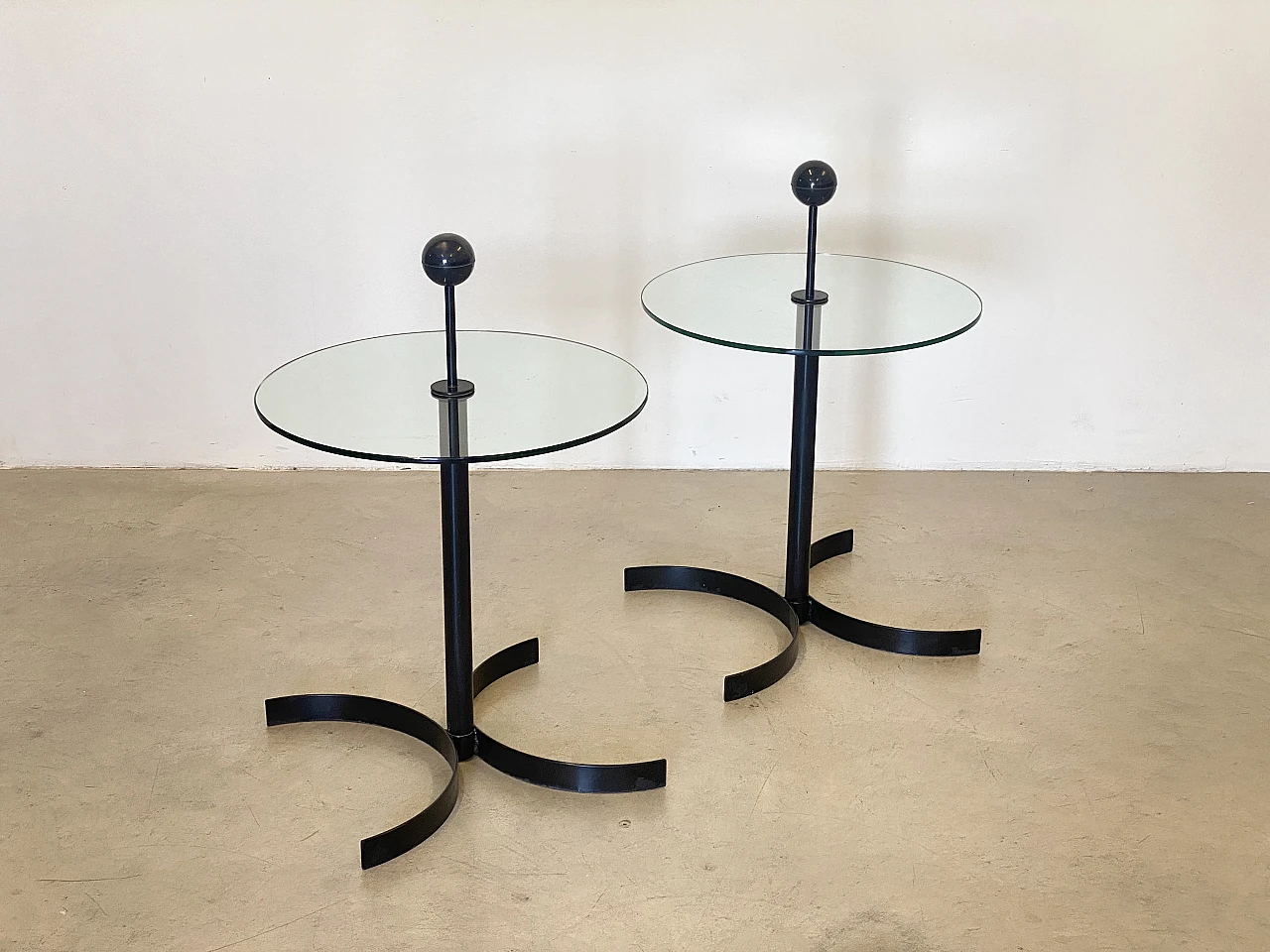 Pair of black lacquered iron and cut glass coffee tables, 1980s 7