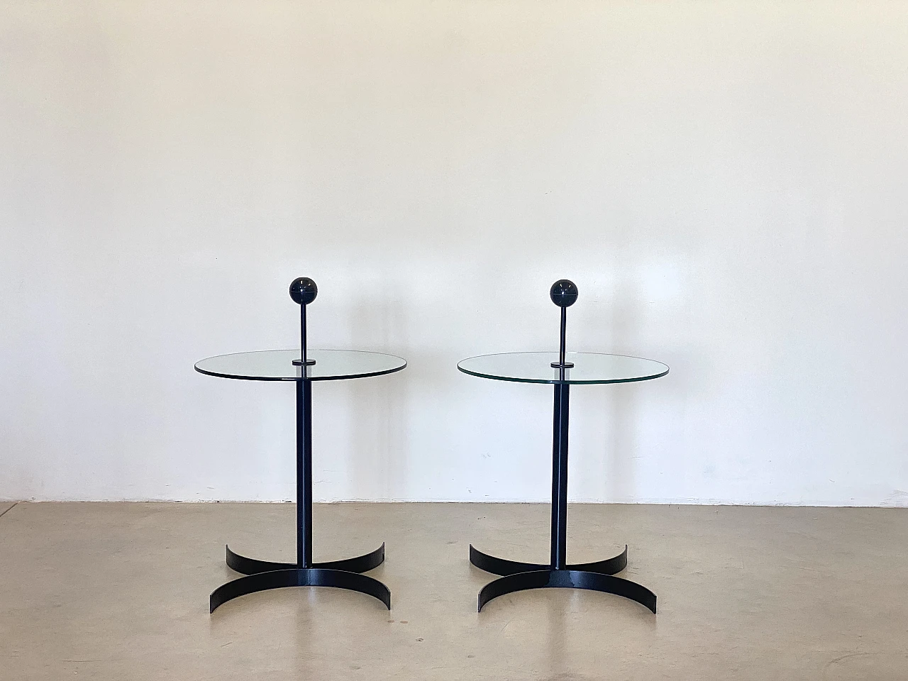 Pair of black lacquered iron and cut glass coffee tables, 1980s 8