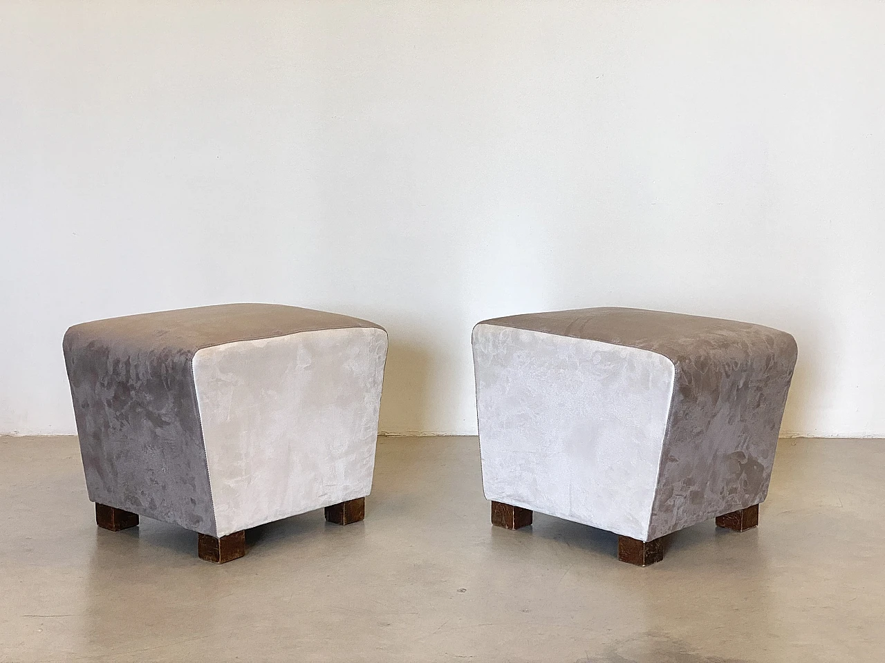 Pair of velvet and wood poufs, 1940s 1