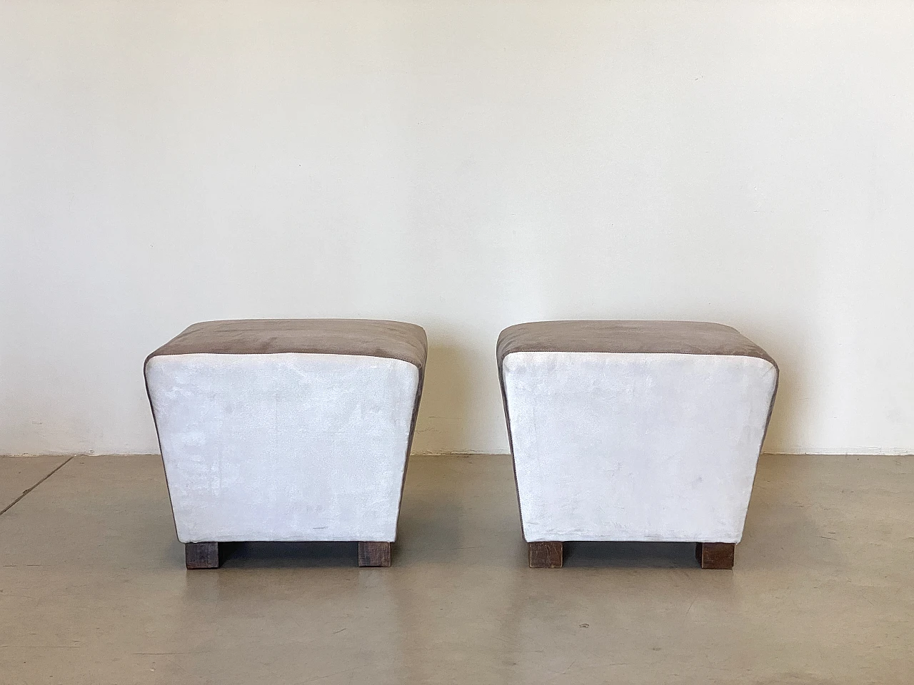 Pair of velvet and wood poufs, 1940s 2