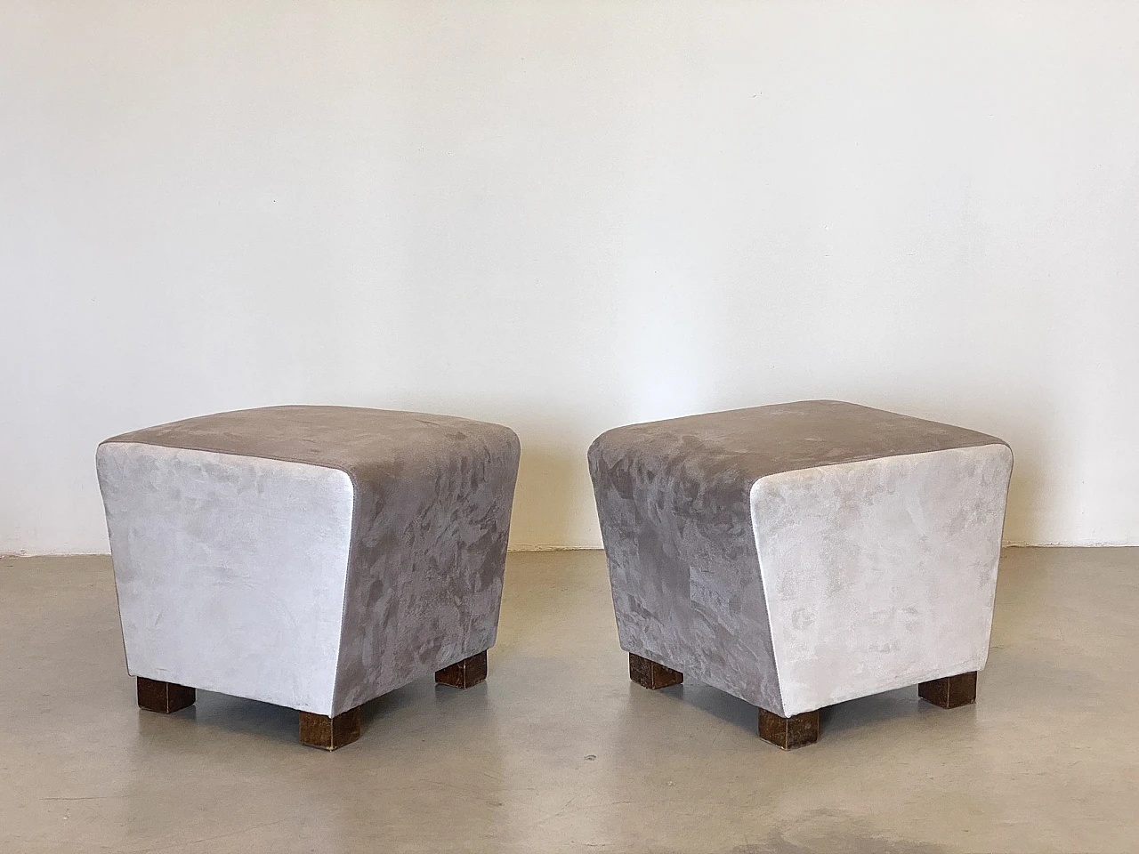 Pair of velvet and wood poufs, 1940s 4