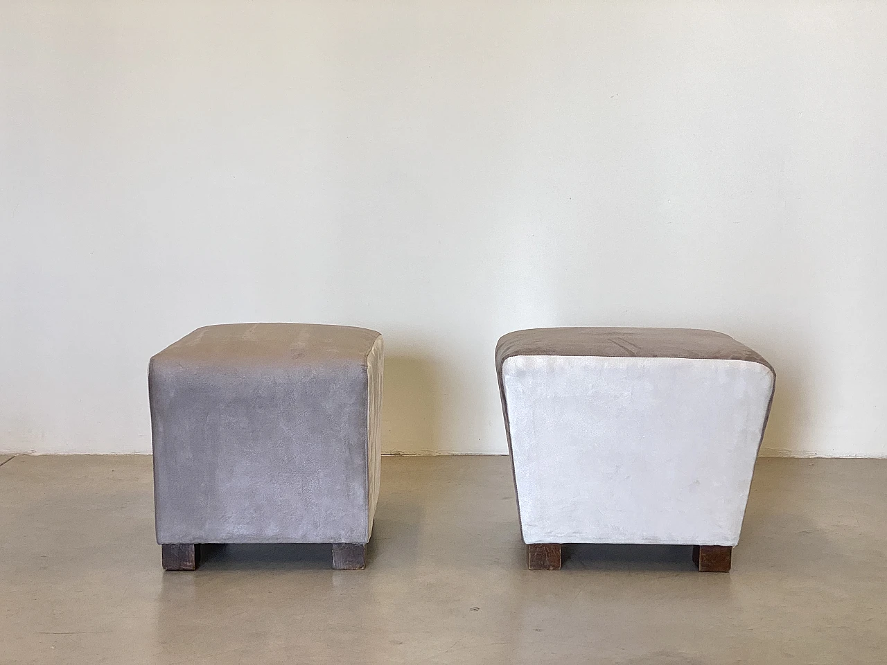 Pair of velvet and wood poufs, 1940s 5