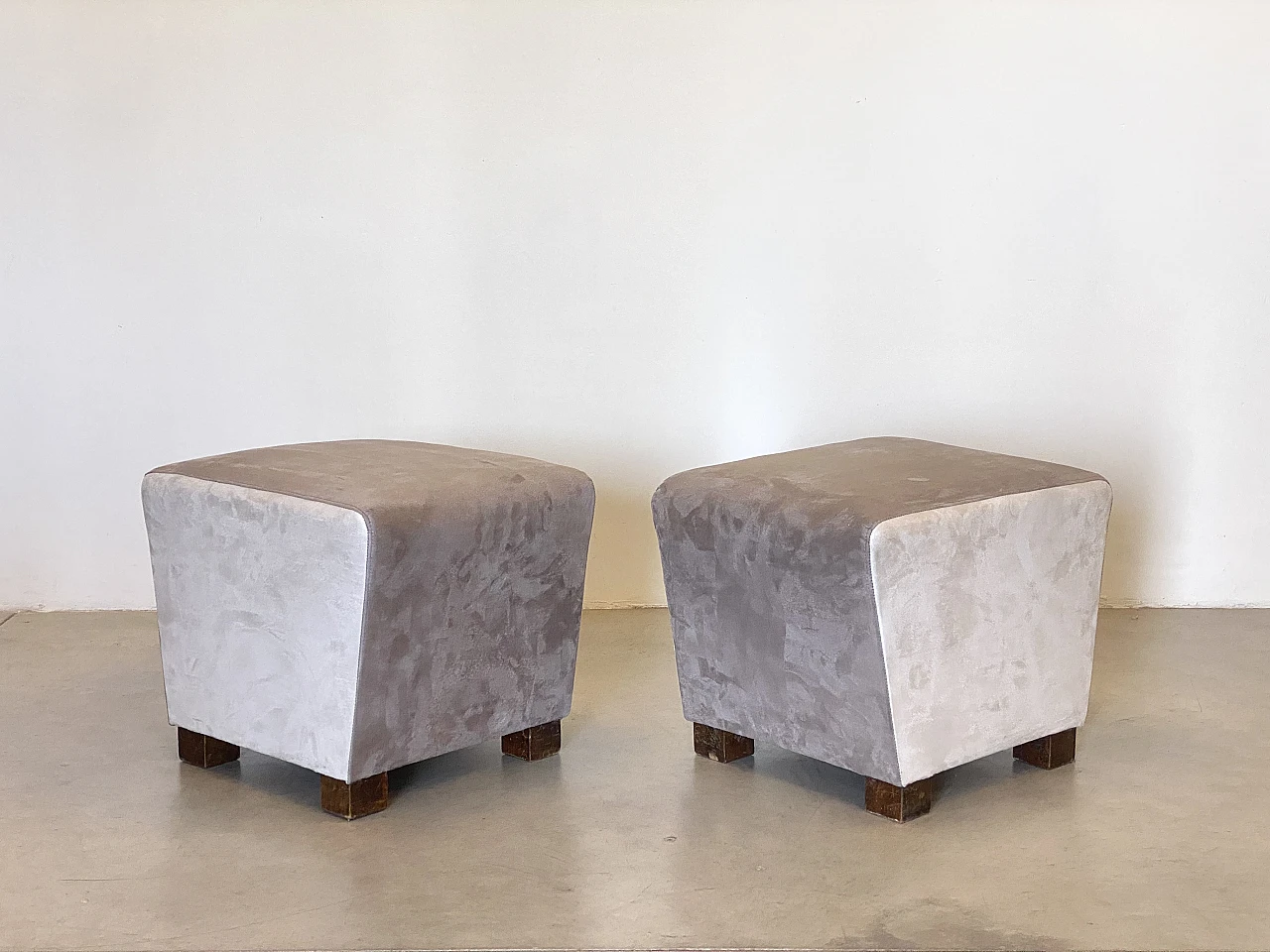 Pair of velvet and wood poufs, 1940s 9