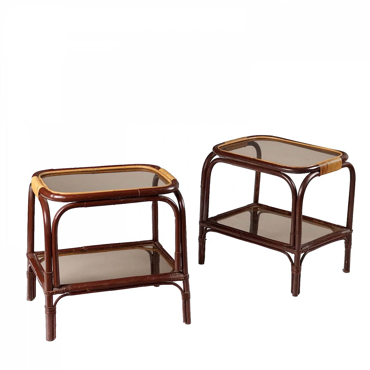 Pair of coffee tables in enamelled bamboo and smoked glass, 1980s 1