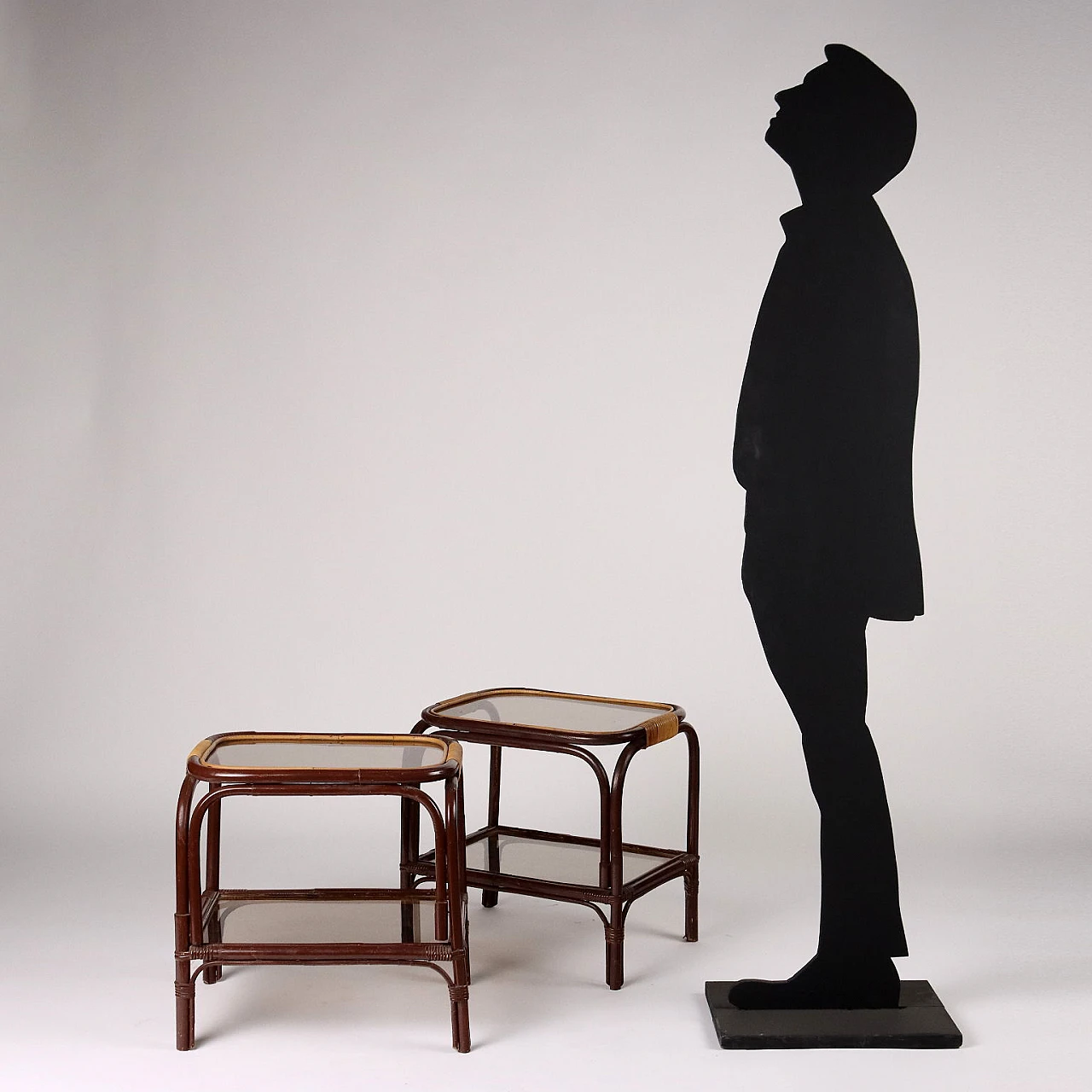 Pair of coffee tables in enamelled bamboo and smoked glass, 1980s 2