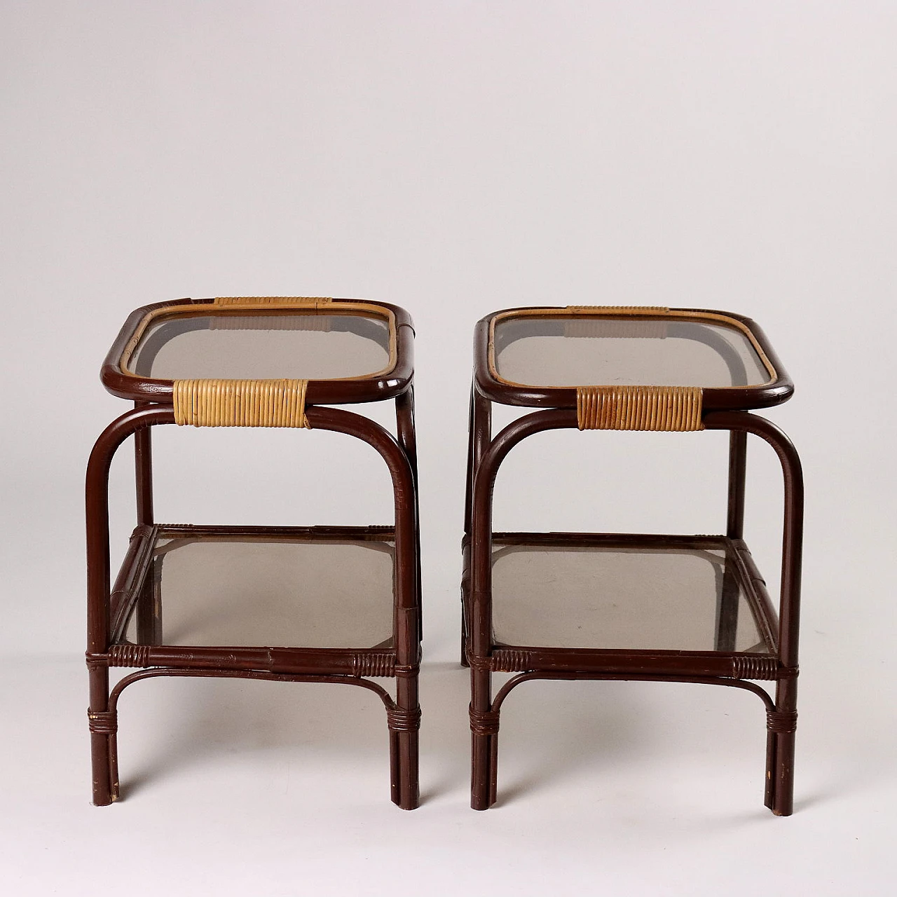 Pair of coffee tables in enamelled bamboo and smoked glass, 1980s 3