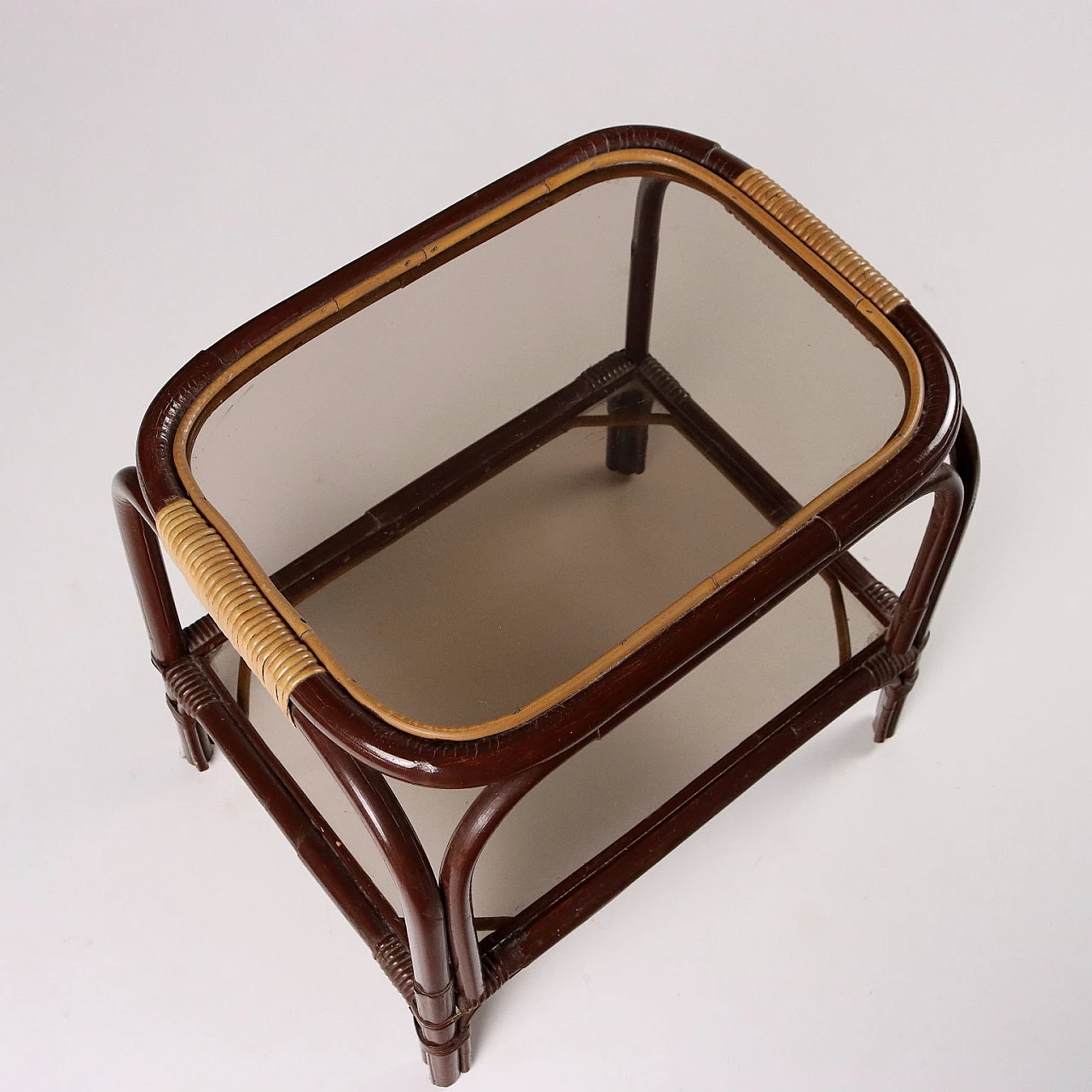 Pair of coffee tables in enamelled bamboo and smoked glass, 1980s 4