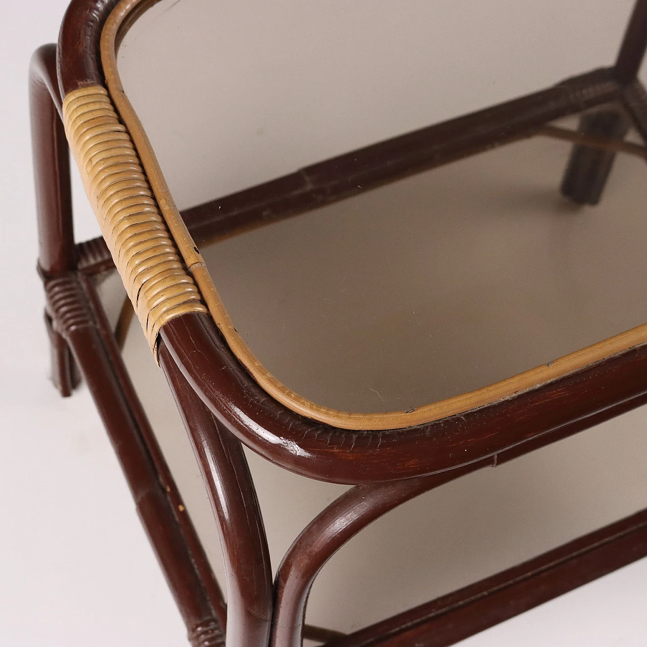 Pair of coffee tables in enamelled bamboo and smoked glass, 1980s 5