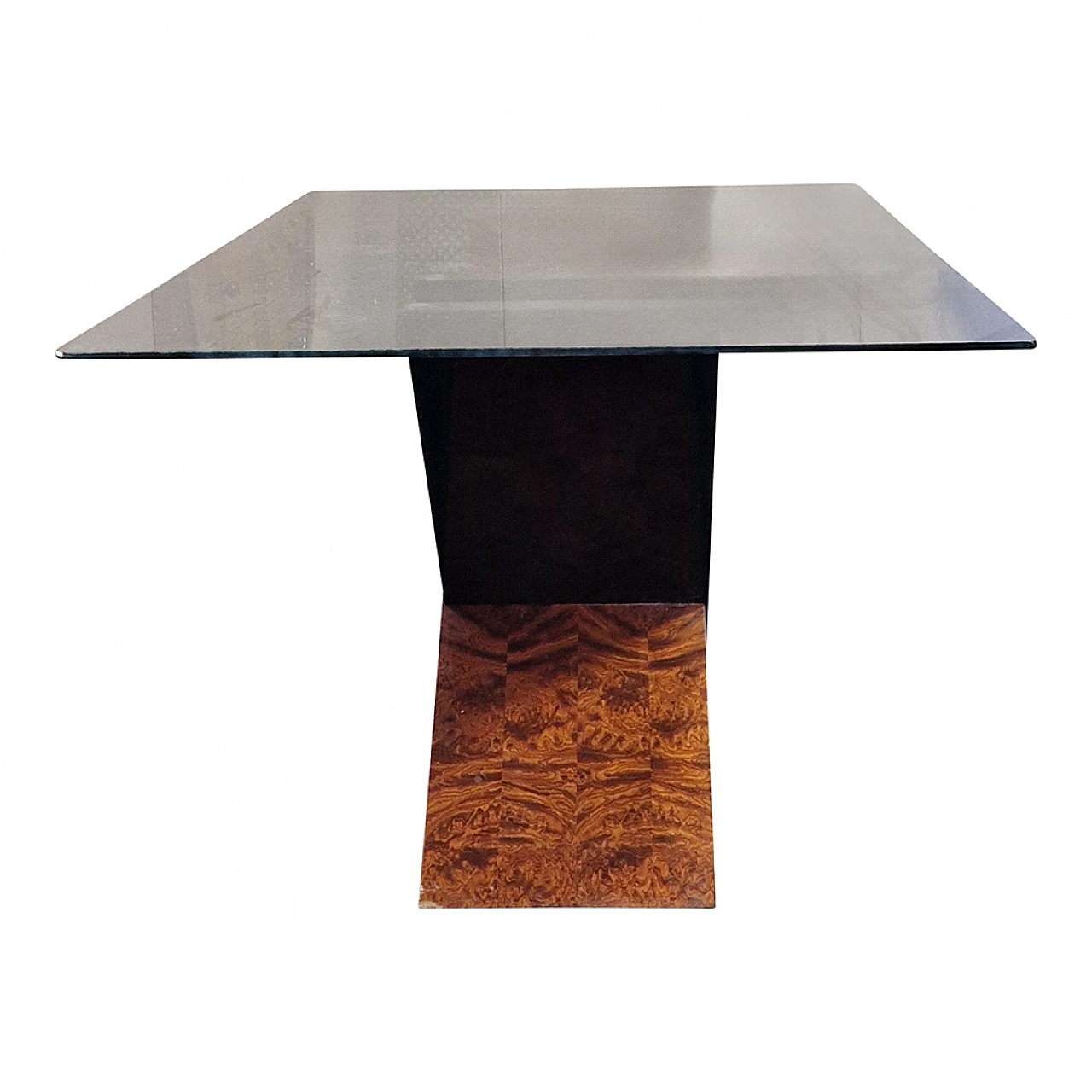 Black lacquered wood and briarwood table with glass top, 1990s 1