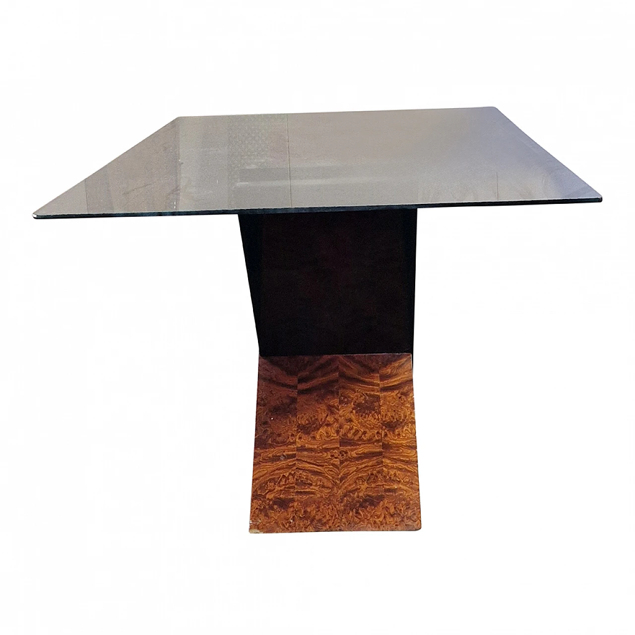 Black lacquered wood and briarwood table with glass top, 1990s 2