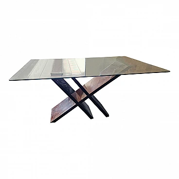 Black lacquered wood and briarwood table with glass top, 1990s