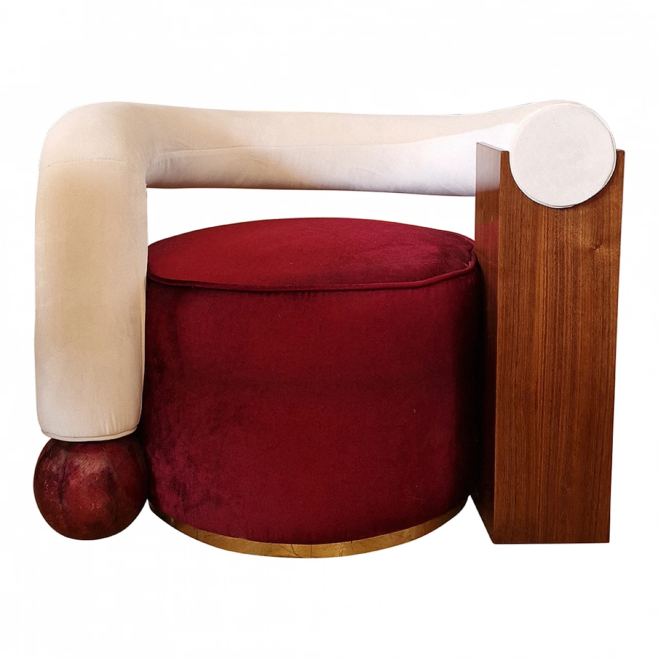 Asymmetrical velvet and wood armchair, 1990s 1