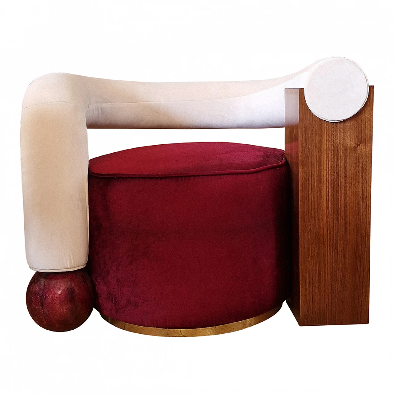 Asymmetrical velvet and wood armchair, 1990s 2