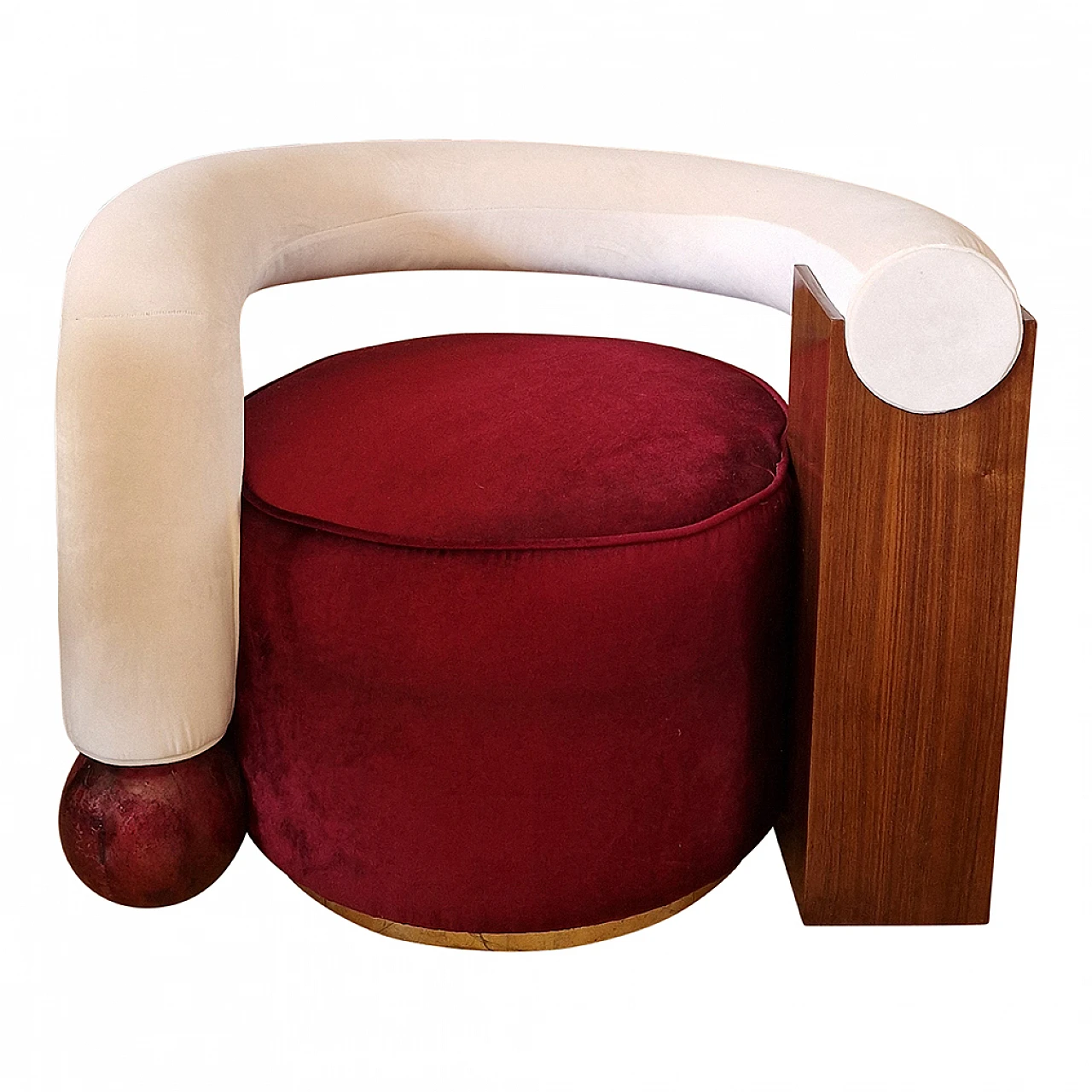 Asymmetrical velvet and wood armchair, 1990s 3