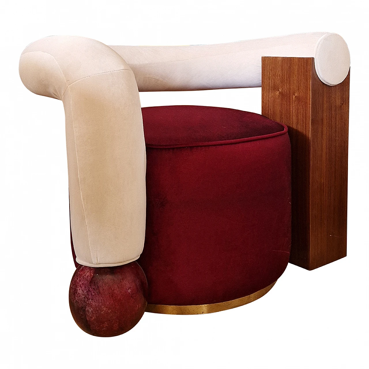 Asymmetrical velvet and wood armchair, 1990s 6