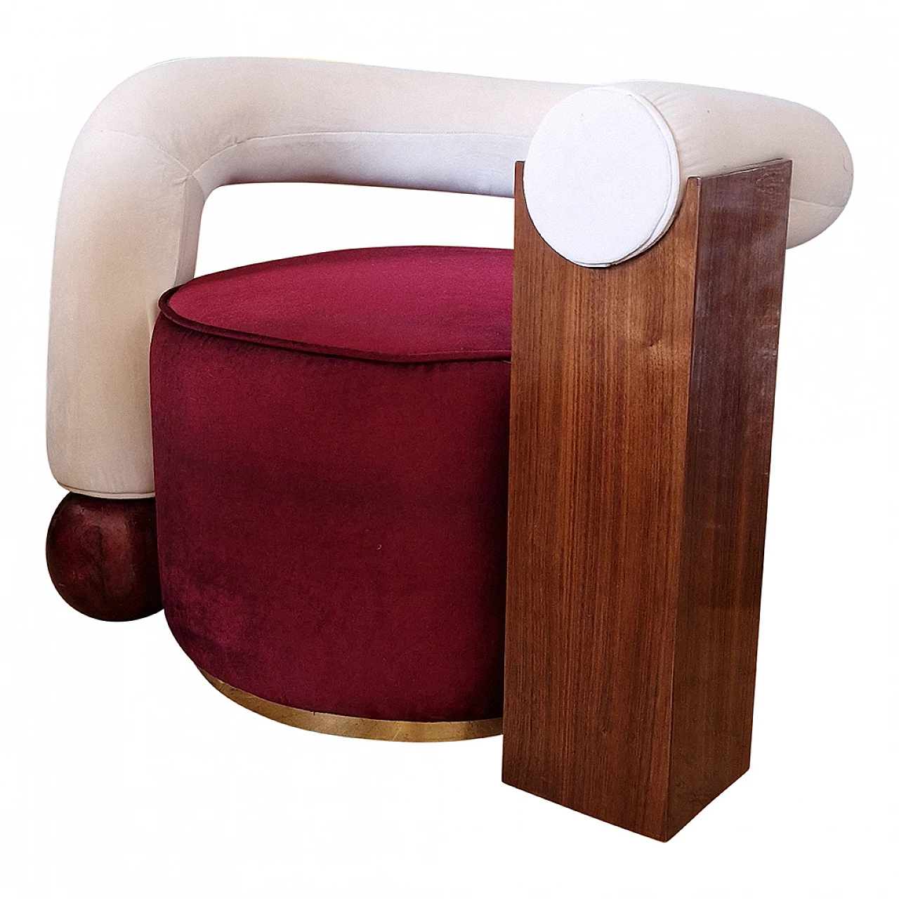 Asymmetrical velvet and wood armchair, 1990s 7