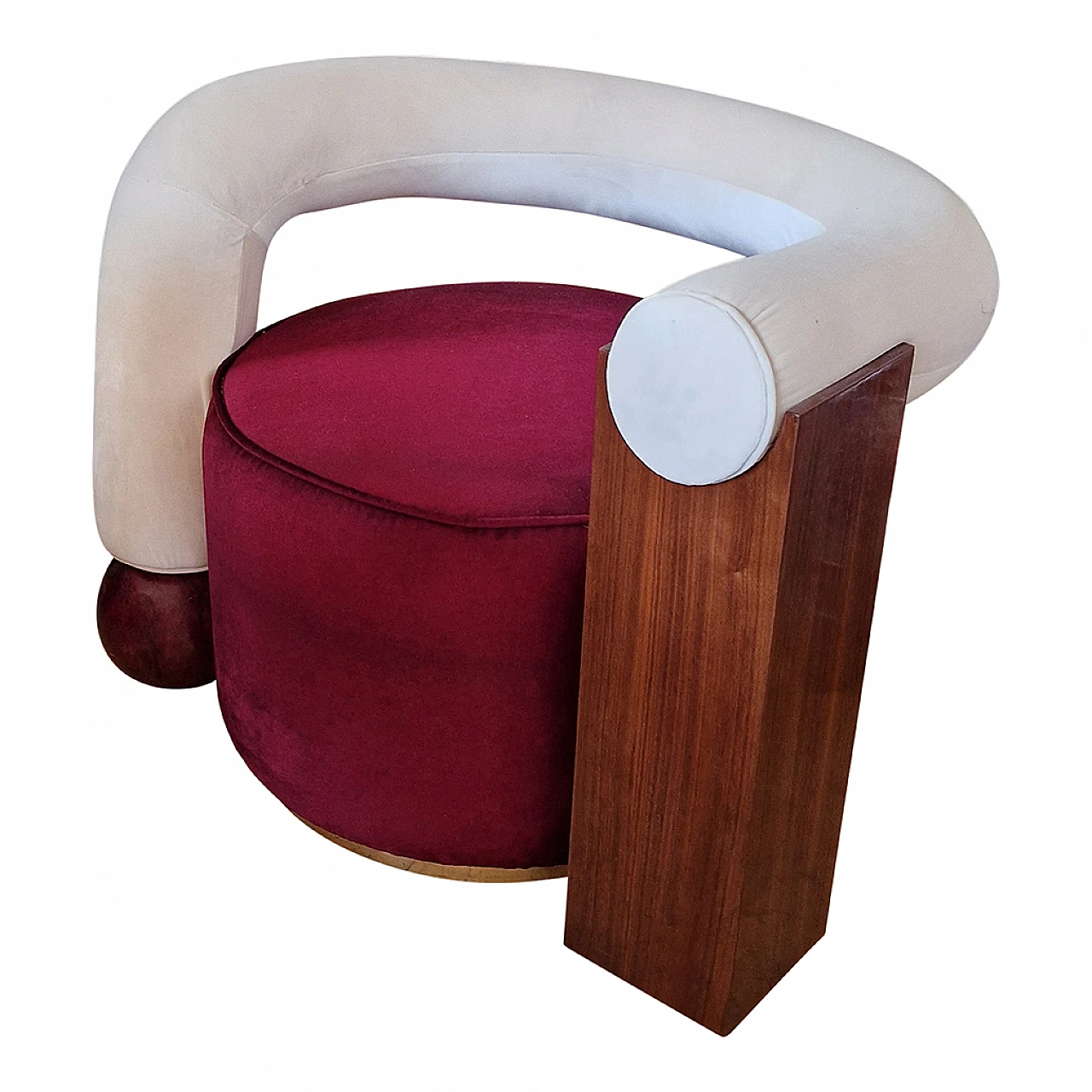 Asymmetrical velvet and wood armchair, 1990s 8