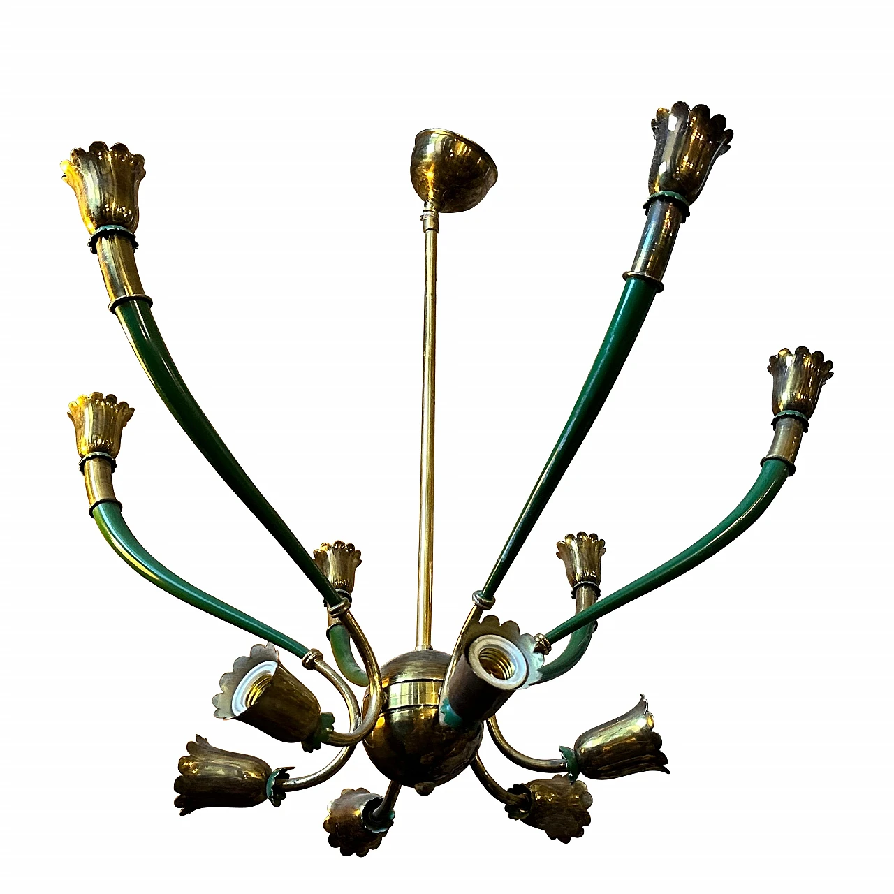 Green metal & brass chandelier in Stilnovo style, 1960s 1