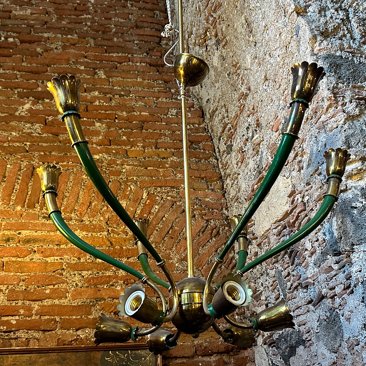 Lampadario in metallo verde e ottone in stile Stilnovo, anni '60 2