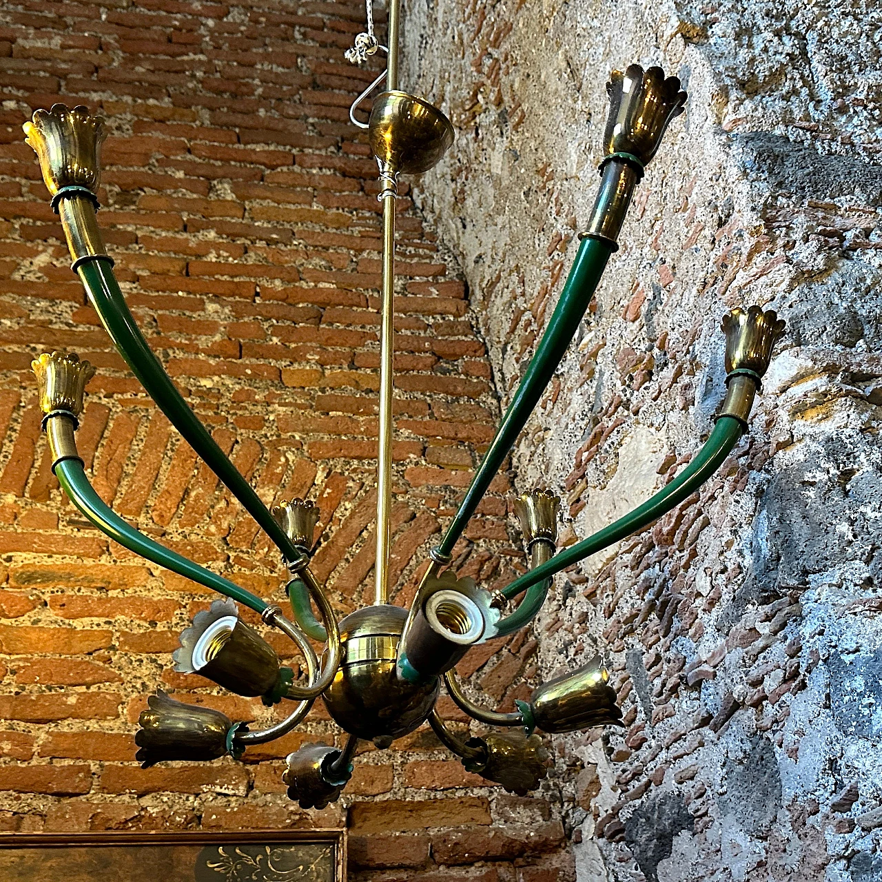 Lampadario in metallo verde e ottone in stile Stilnovo, anni '60 3