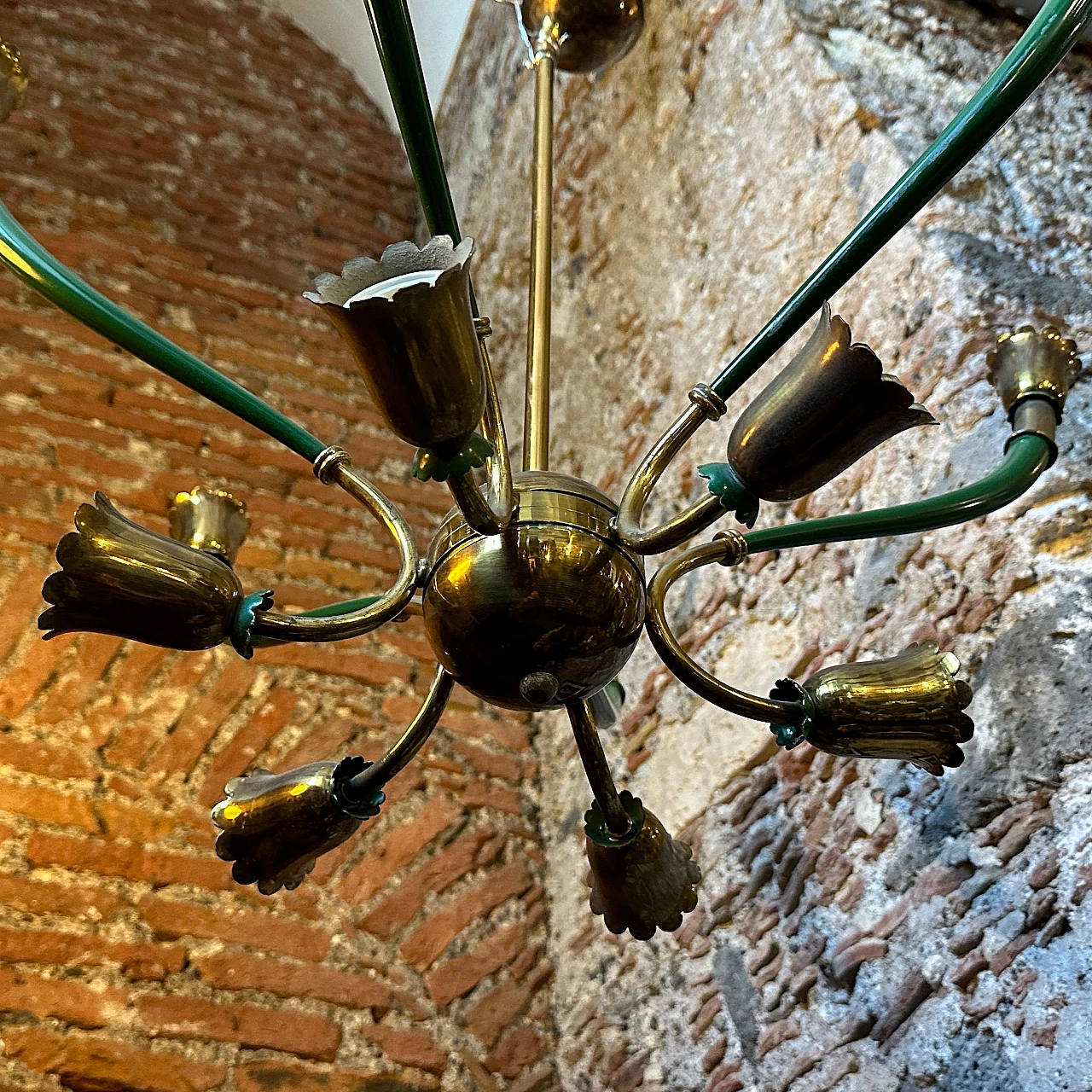 Green metal & brass chandelier in Stilnovo style, 1960s 5