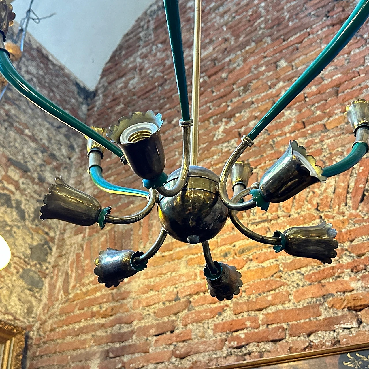 Green metal & brass chandelier in Stilnovo style, 1960s 6