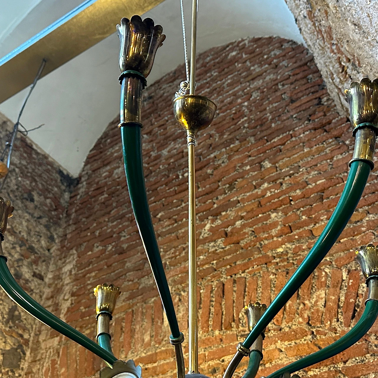 Lampadario in metallo verde e ottone in stile Stilnovo, anni '60 7