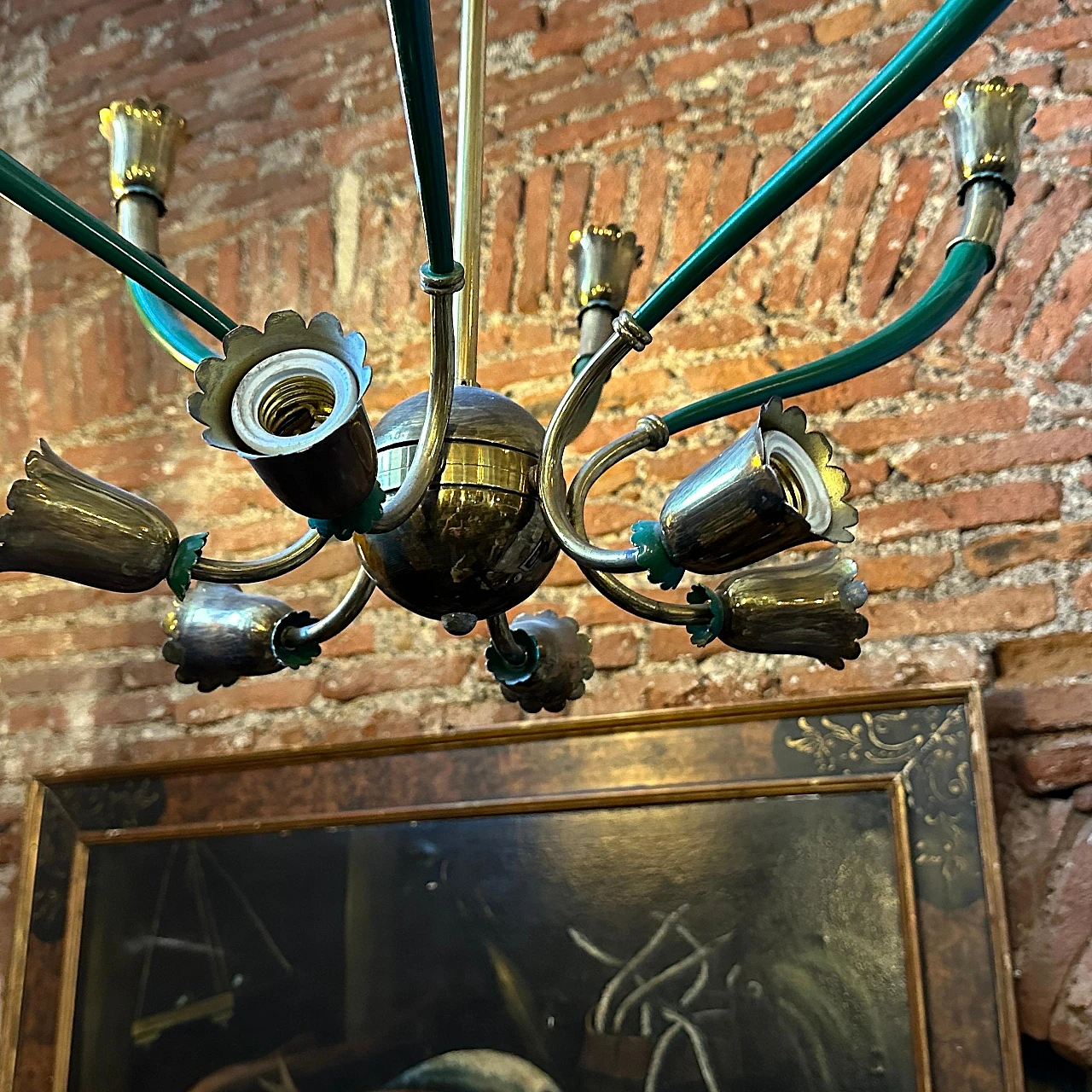 Green metal & brass chandelier in Stilnovo style, 1960s 8