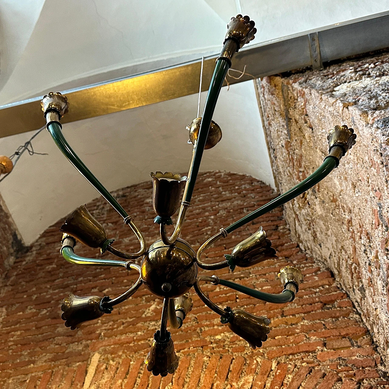 Green metal & brass chandelier in Stilnovo style, 1960s 9