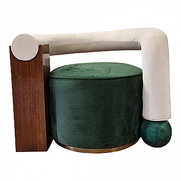 Asymmetrical green velvet and wood armchair, 1990s