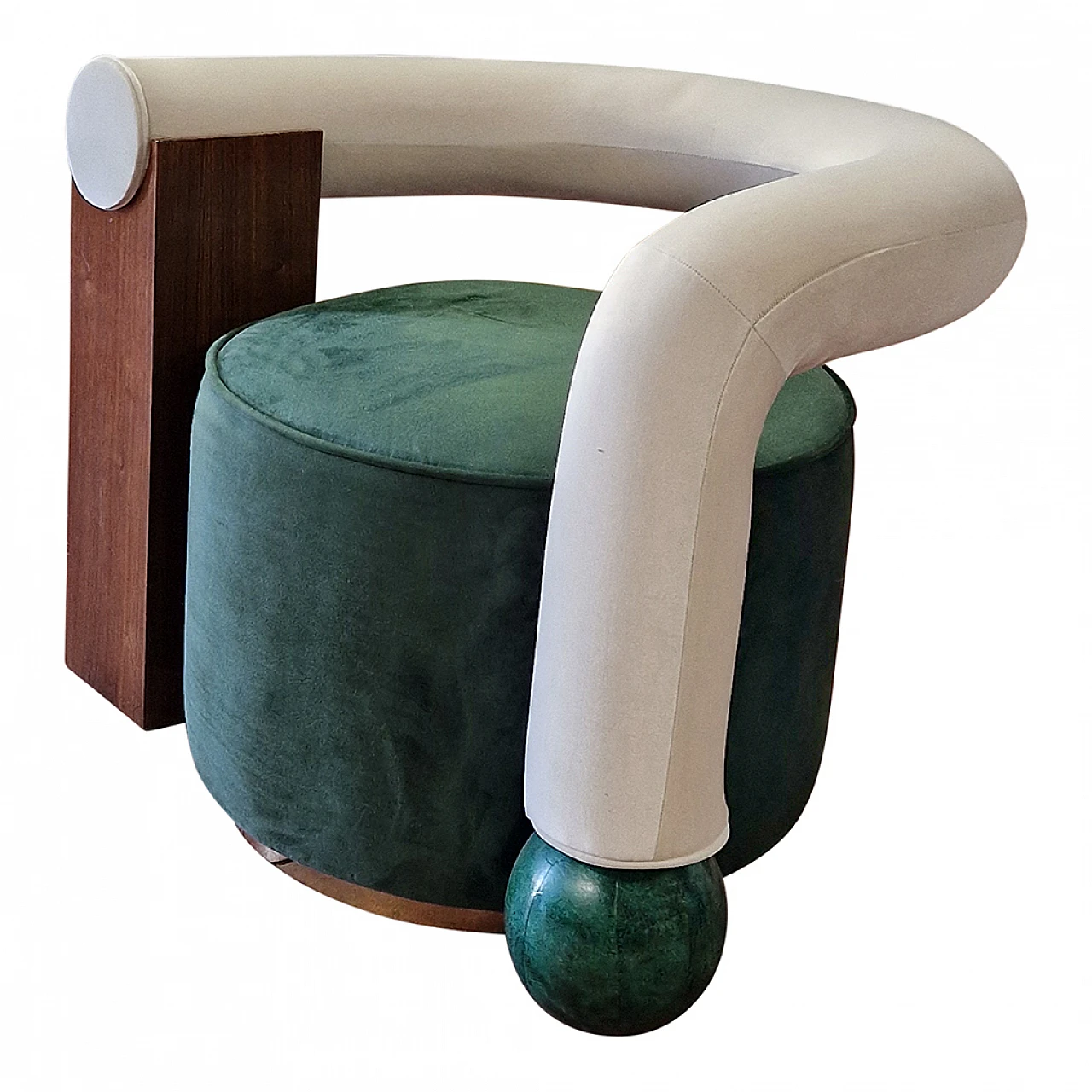 Asymmetrical green velvet and wood armchair, 1990s 7