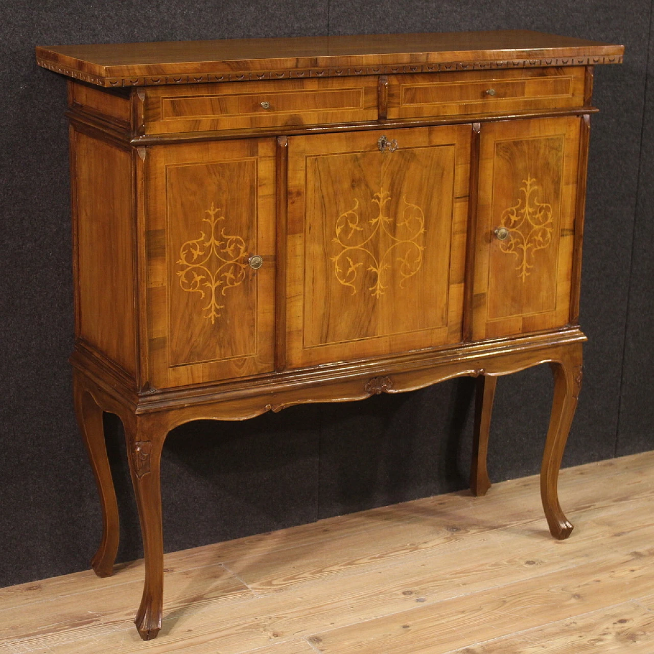 Venetian inlaid sideboard in walnut, maple and fruitwood, 1960s 1