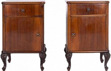 Pair of wooden nightstands with drawer, door & claw-shaped feet